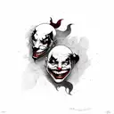joker smiling and below him is 3 dogs barking aggressively  tattoo design idea