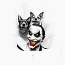 joker smiling and below him is 3 dogs barking aggressively  tattoo design idea