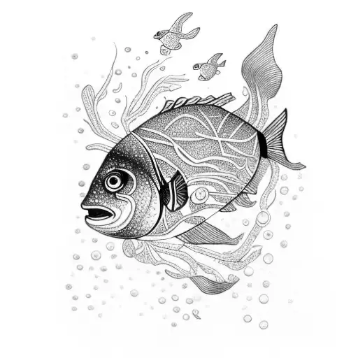 An intricate underwater aquarium with colorful fish and coral tattoo design idea