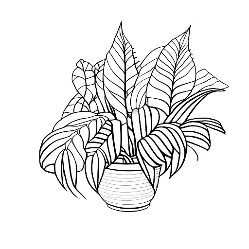 Snake plant, Brasil philodendron and New Zealand fern in a pot tattoo design idea