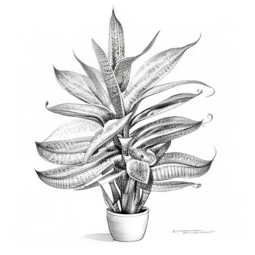 Snake plant, Brasil philodendron and New Zealand fern in a pot tattoo design idea