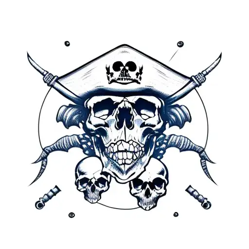 pile of skulls with a treasure chest ontop and a skelton pirate wearing a hat tattoo design idea