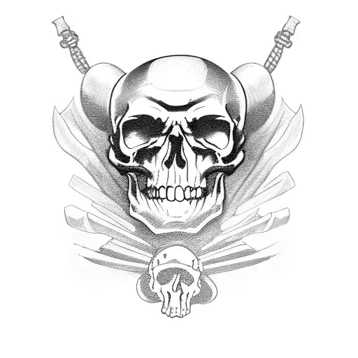 pile of skulls with a treasure chest ontop and a skelton pirate wearing a hat tattoo design idea