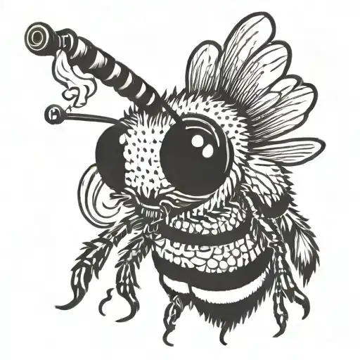 A bee with a headband, a gun, a cigarette in its mouth that is burning. tattoo design idea
