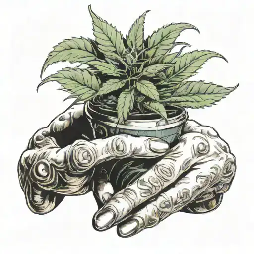 A potted marijuana plant with hands and a face. He rolls a cigarette with his hand that has a face on it. tattoo design idea