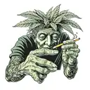 A potted marijuana plant with hands and a face. He rolls a cigarette with his hand that has a face on it. tattoo design idea