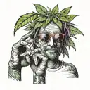 A potted marijuana plant with hands and a face. He rolls a cigarette with his hand that has a face on it. tattoo design idea