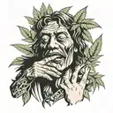 A potted marijuana plant with hands and a face. He rolls a cigarette with his hand that has a face on it. tattoo design idea