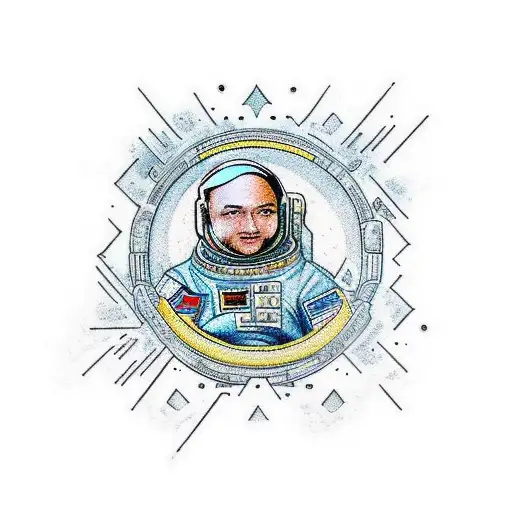 astronaut in the style of an icon, in place of the halo the word “science” on the back space and comets, the Mir stat tattoo design idea