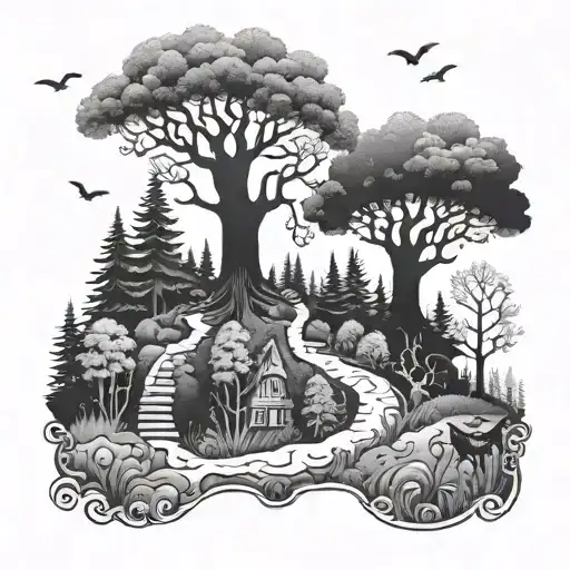 A mystical forest with a hidden pathway and various woodland creatures tattoo design idea