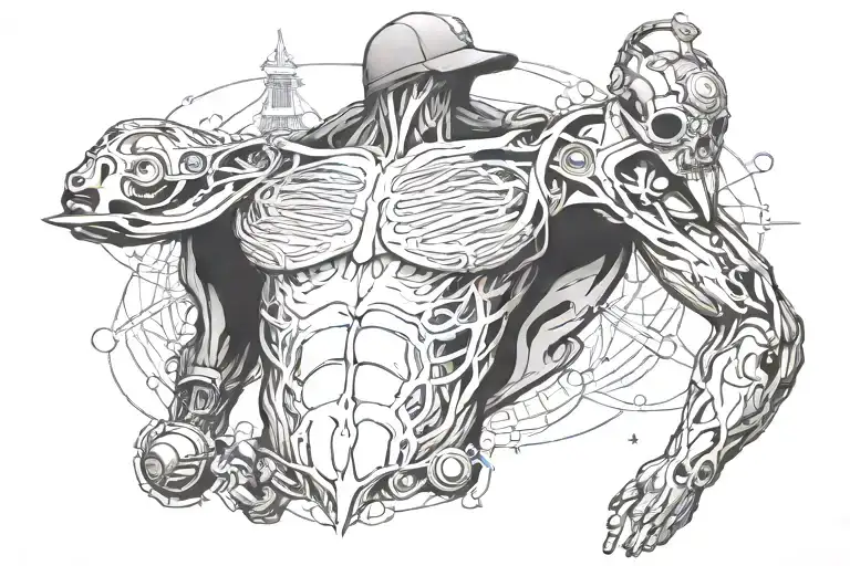 chest tattoo featuring scientist that looks like a skate boarder tattoo design idea