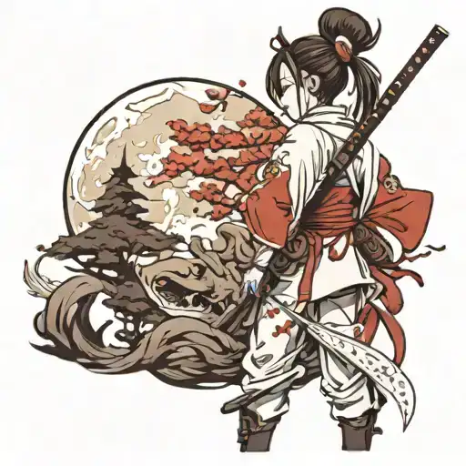 cute samurai girl wearing white looking back over her shoulder with a bloody katana in hand blood moon in the sky tattoo design idea