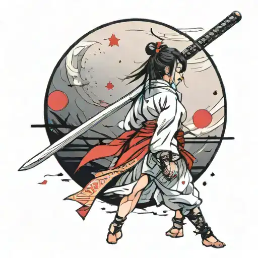 cute samurai girl wearing white looking back over her shoulder with a bloody katana in hand and a red moon in the sky tattoo design idea