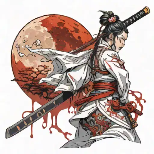 cute samurai girl wearing white looking back over her shoulder with a bloody katana in hand blood moon in sky tattoo design idea