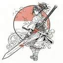 cute samurai girl wearing white looking back over her shoulder with a bloody katana in hand and a red moon in the sky tattoo design idea