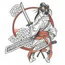 cute samurai girl wearing white looking back over her shoulder with a bloody katana in hand and a red moon in the sky tattoo design idea