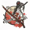cute samurai girl wearing white looking back over her shoulder with a bloody katana in hand and a red moon in the sky tattoo design idea