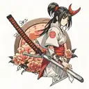 cute samurai girl wearing white looking back over her shoulder with a bloody katana in hand and a red moon in the sky tattoo design idea