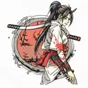cute samurai girl wearing white looking back over her shoulder with a bloody katana in hand and a red moon in the sky tattoo design idea