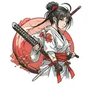 cute samurai girl wearing white looking back over her shoulder with a bloody katana in hand and a red moon in the sky tattoo design idea
