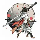 cute samurai girl wearing white looking back over her shoulder with a bloody katana in hand and a red moon in the sky tattoo design idea