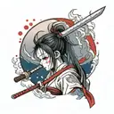 cute samurai girl wearing white looking back over her shoulder with a bloody katana in hand and a red moon in the sky tattoo design idea