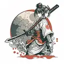 cute samurai girl wearing white looking back over her shoulder with a bloody katana in hand and a red moon in the sky tattoo design idea