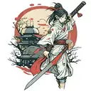 cute samurai girl wearing white looking back over her shoulder with a bloody katana in hand and a red moon in the sky tattoo design idea