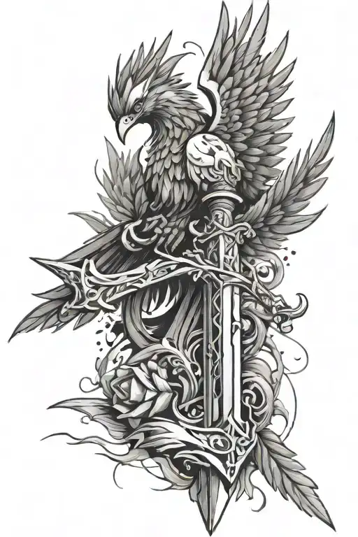 shattered sword with pheonix perched at hilt with tail feather holding pieces in place tattoo design idea