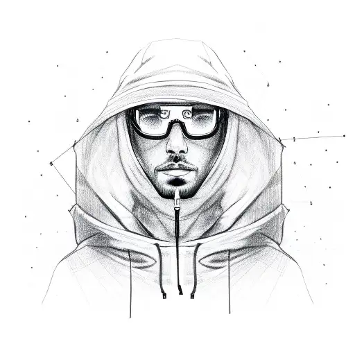 A sketch of a hacker wearing a hoodie with lines of code surrounding them tattoo design idea