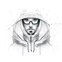 A sketch of a hacker wearing a hoodie with lines of code surrounding them tattoo design idea
