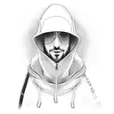 A sketch of a hacker wearing a hoodie with lines of code surrounding them tattoo design idea