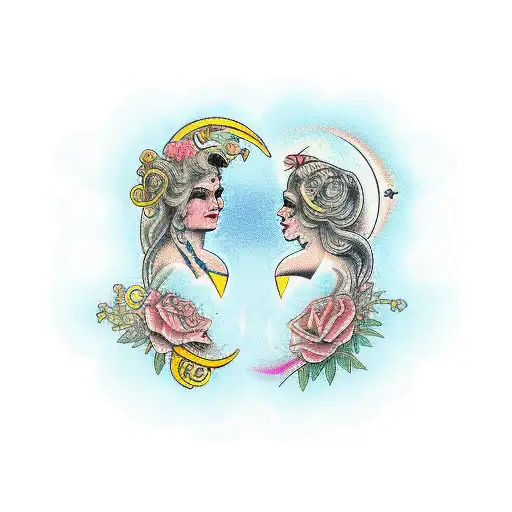 astrology sign leo nd gemini as two beautiful women who are sisters tattoo design idea