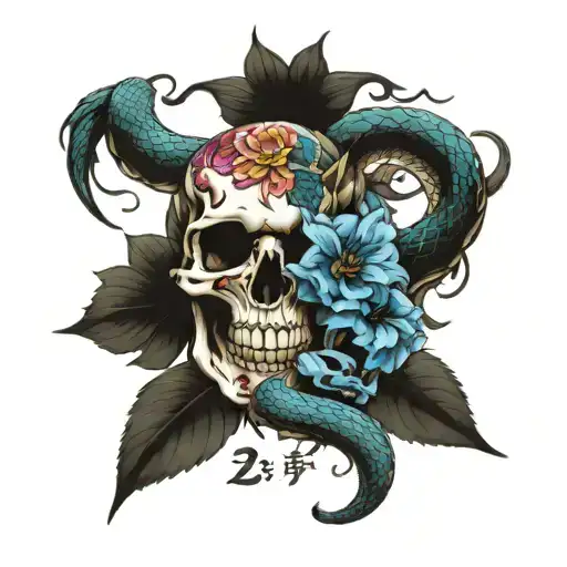 Dragon flowers snakes skull tattoo design idea