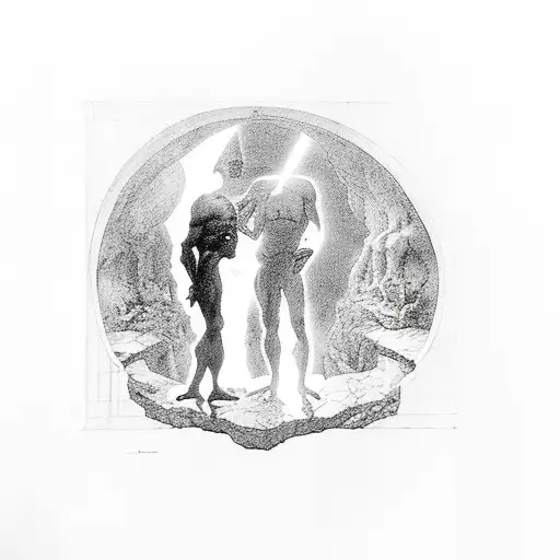 A silhouette of Sigmund Freud and Plato discussing the allegory of the cave tattoo design idea