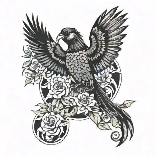 Design a tattoo showing Allison dancing gracefully with colorful exotic birds and vibrant flowers tattoo design idea