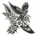 Design a tattoo showing Allison dancing gracefully with colorful exotic birds and vibrant flowers tattoo design idea