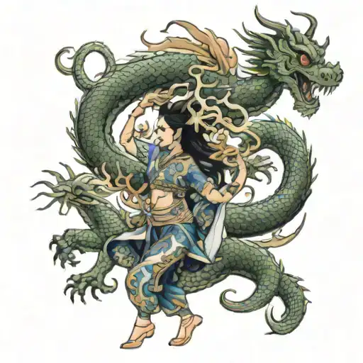 thai woman dancing with temple behind her and 9 headed dragon full back tattoo  tattoo design idea