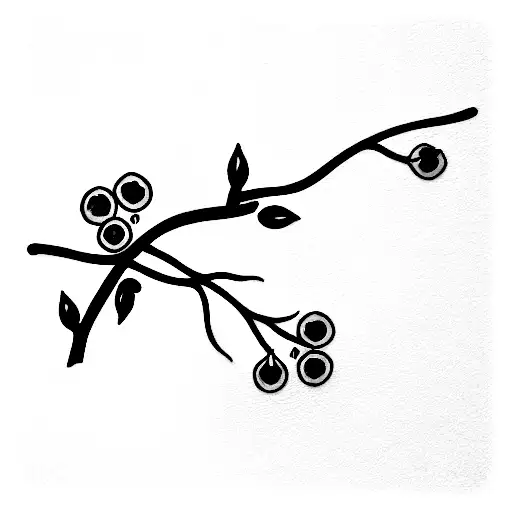 White blossom branch with red stem surrounding an X Kairo pellet. tattoo design idea