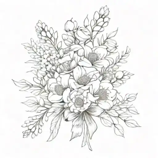 birth flower bouquet tied together by a bow; February, August, September, and October birth flowers.  tattoo design idea