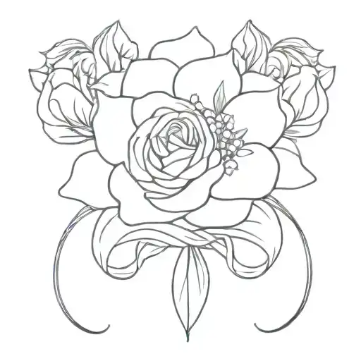 birth flower bouquet tied together by a bow; February, August, September, and October birth flowers. front view tattoo design idea