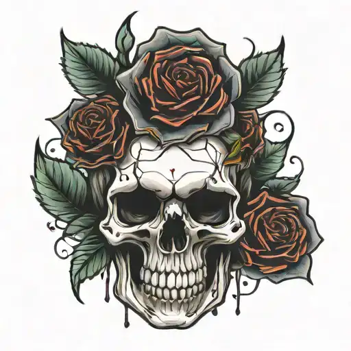 skull with blood and rose thorns tattoo design idea