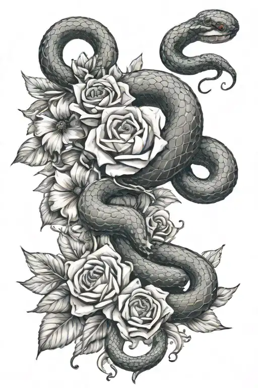  I want a tattoo of lots of flowers wrapped around my arm, with a snake's mouth wide open wrapped around the flowers, an tattoo design idea