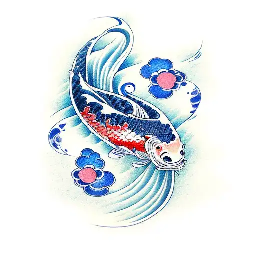 Koi Fish with waves in Japanese style tattoo design idea