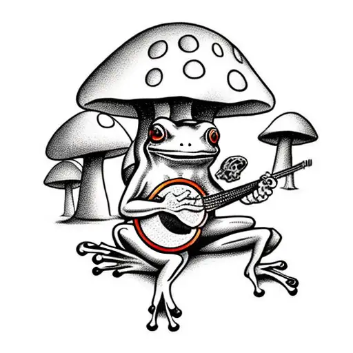 Frog playing a banjo while sitting under a giant mushroom  tattoo design idea