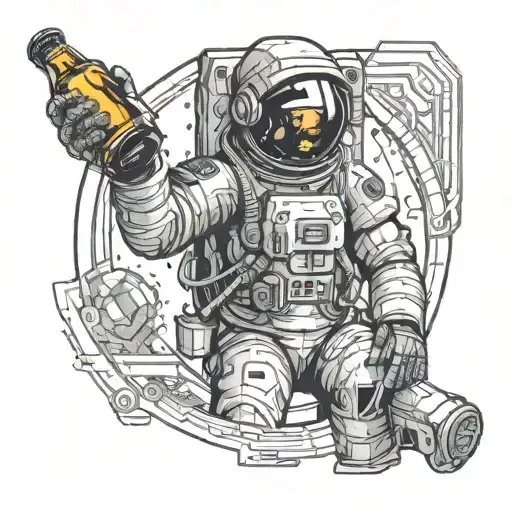 an astronaut with a bottle of beer looks out the window tattoo design idea