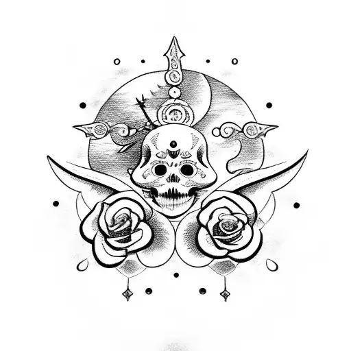 moon roses sea ship compás broken clock angels demons Santa muerte cursive letters tattoo design idea