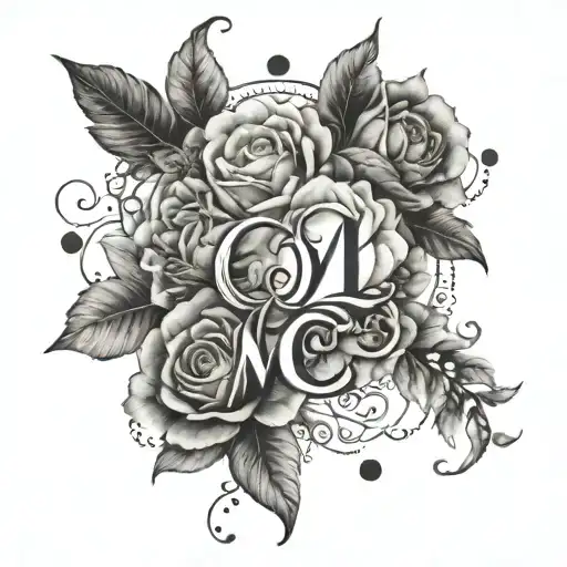 A unique design incorporating the initials of each of the 3 kids in a creative way, surrounded by delicate flower elements tattoo design idea