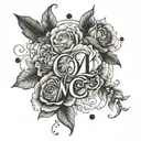 A unique design incorporating the initials of each of the 3 kids in a creative way, surrounded by delicate flower elements tattoo design idea