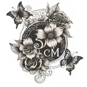 A unique design incorporating the initials of each of the 3 kids in a creative way, surrounded by delicate flower elements tattoo design idea